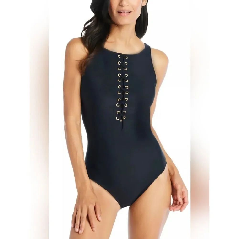 Beyond Control Solid High-Neck Lace-up One-Piece Swimsuit NWOT Size 8 Black